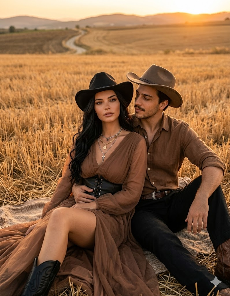 Country temalı çift portresi, kadın önde