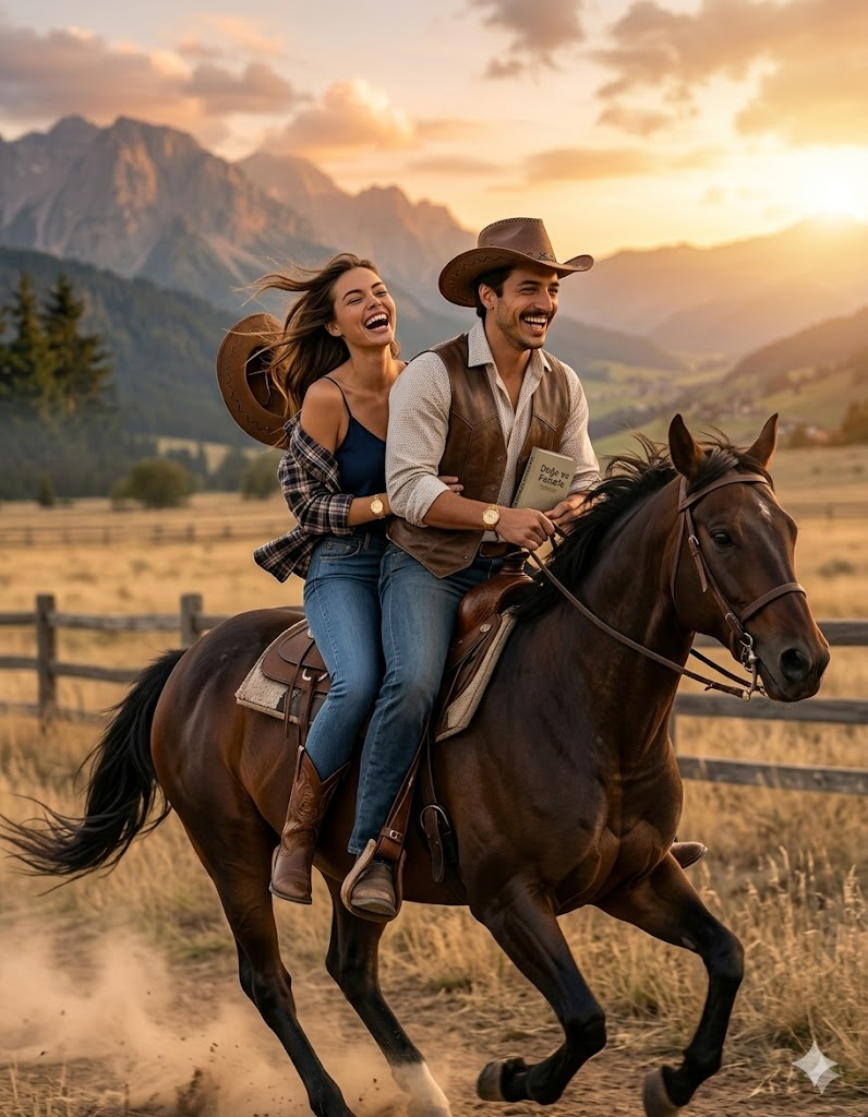 At üzerinde birlikte binen çift, rüzgarda şapkalar