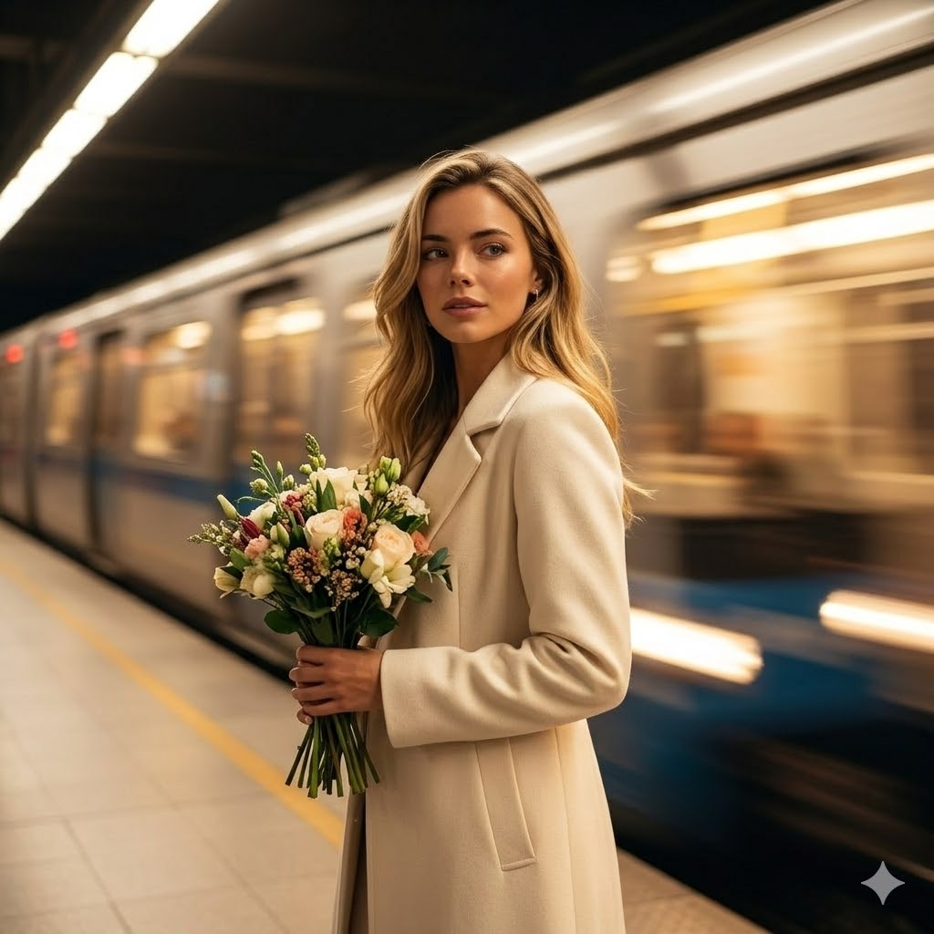Metro önünde çiçek buketi tutan kadın