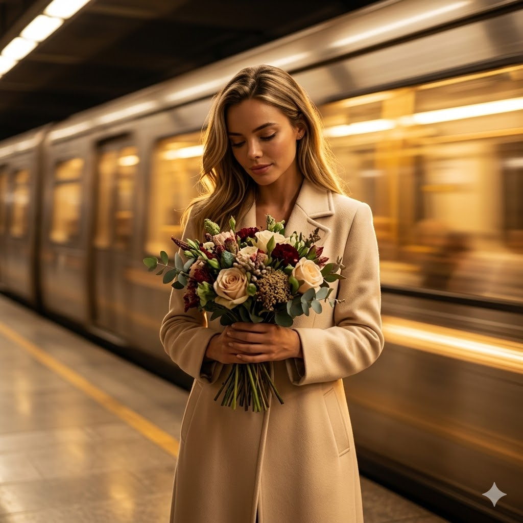 Çiçeklere bakarken poz veren kadın