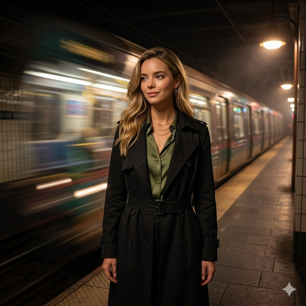 Gece metroda tren hareketi ve kadın