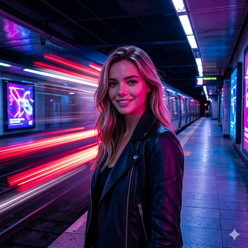 Cyberpunk neon ışıklı metro portresi