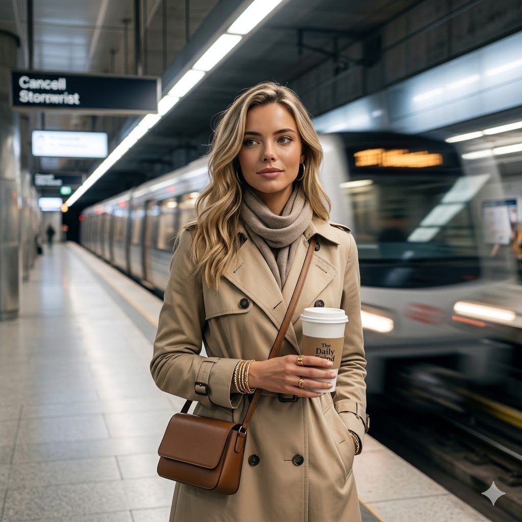 Metro önünde kahve bardağı tutan kadın