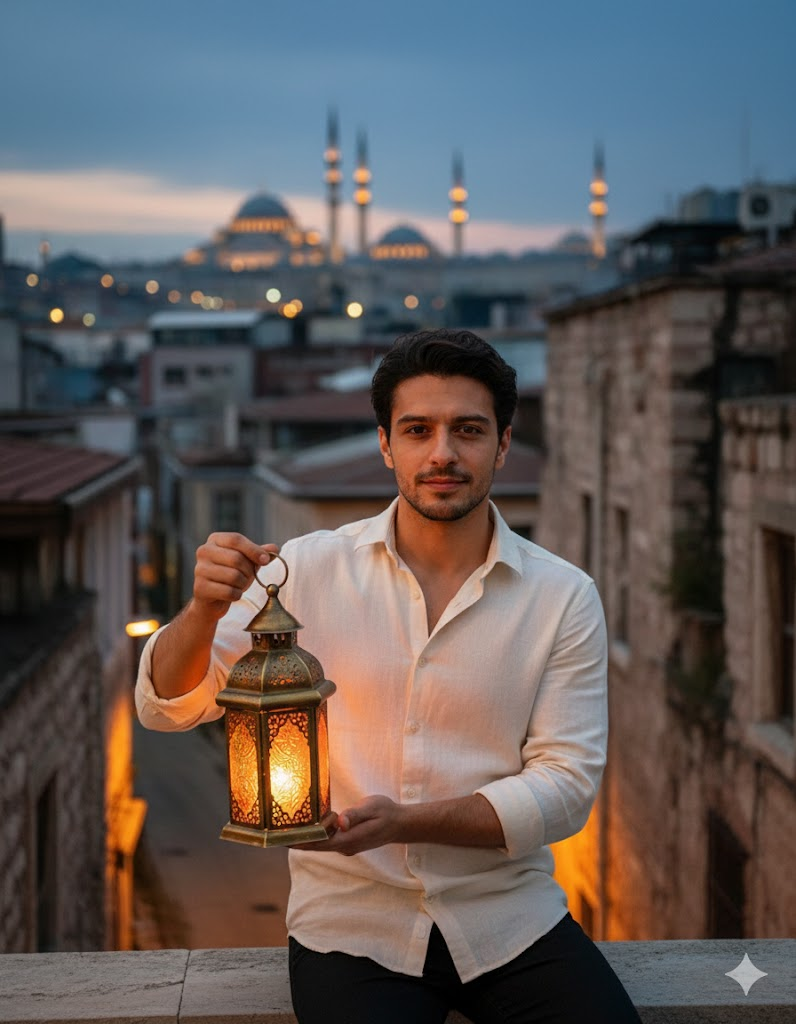 أوامر إنشاء صور رمضان في Gemini - صورة شخصية في شارع مسائي