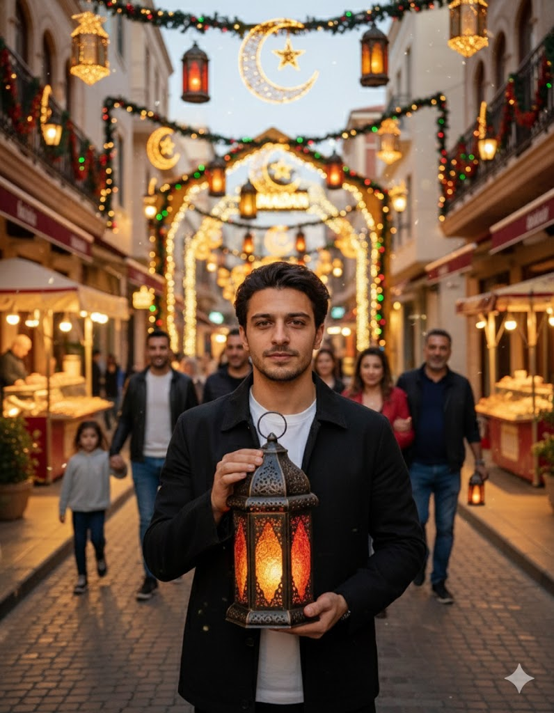 أوامر إنشاء صور رمضان في Gemini - صورة نصفية في شارع بهيج