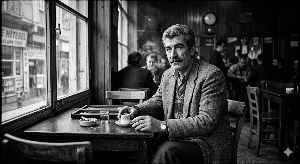 Siyah beyaz kahvede oturan erkek portresi