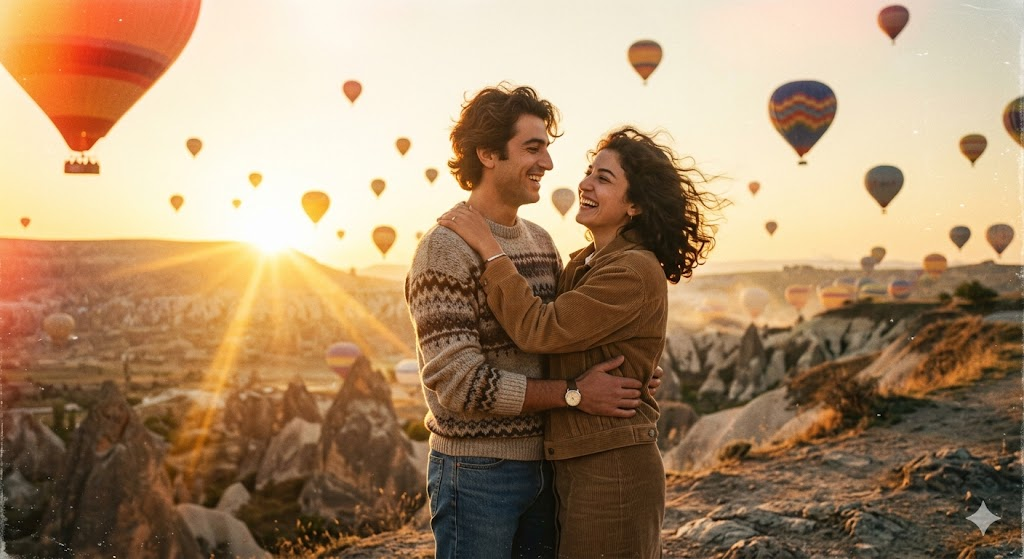 Kapadokya’da gün doğumu romantik çift