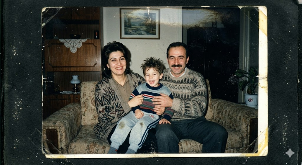 Eski albümden taranmış aile fotoğrafı