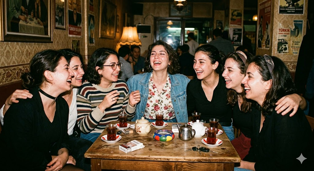 Kafede gülen kadın arkadaş grubu
