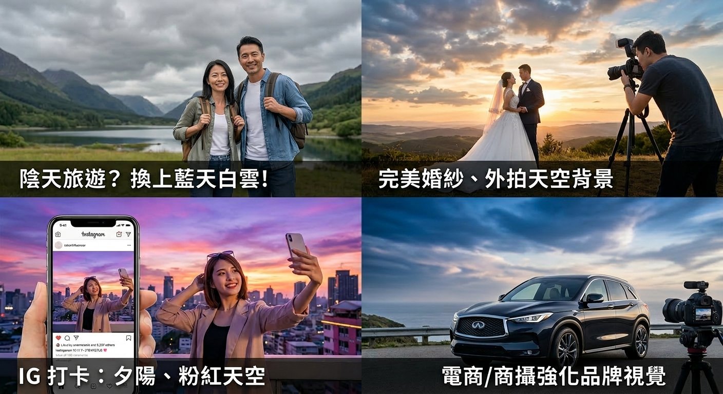 換天空背景應用場景 - 陰天旅遊照變成藍天白雲美照