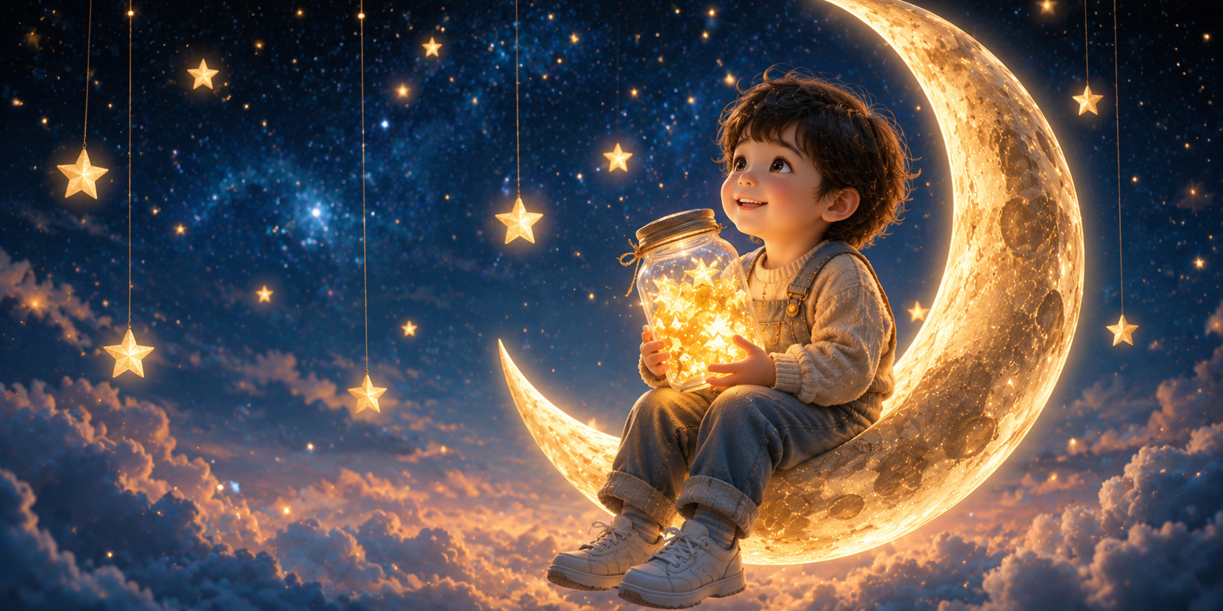月亮上的星星收集者 兒童節快樂貼圖