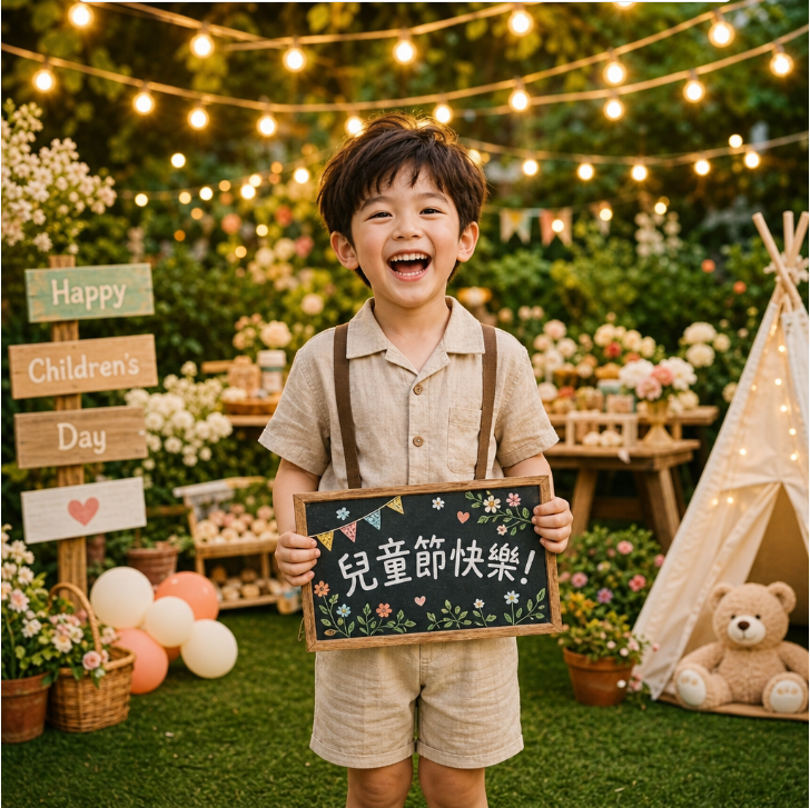 溫馨燈串下的花園派對 兒童節快樂貼圖