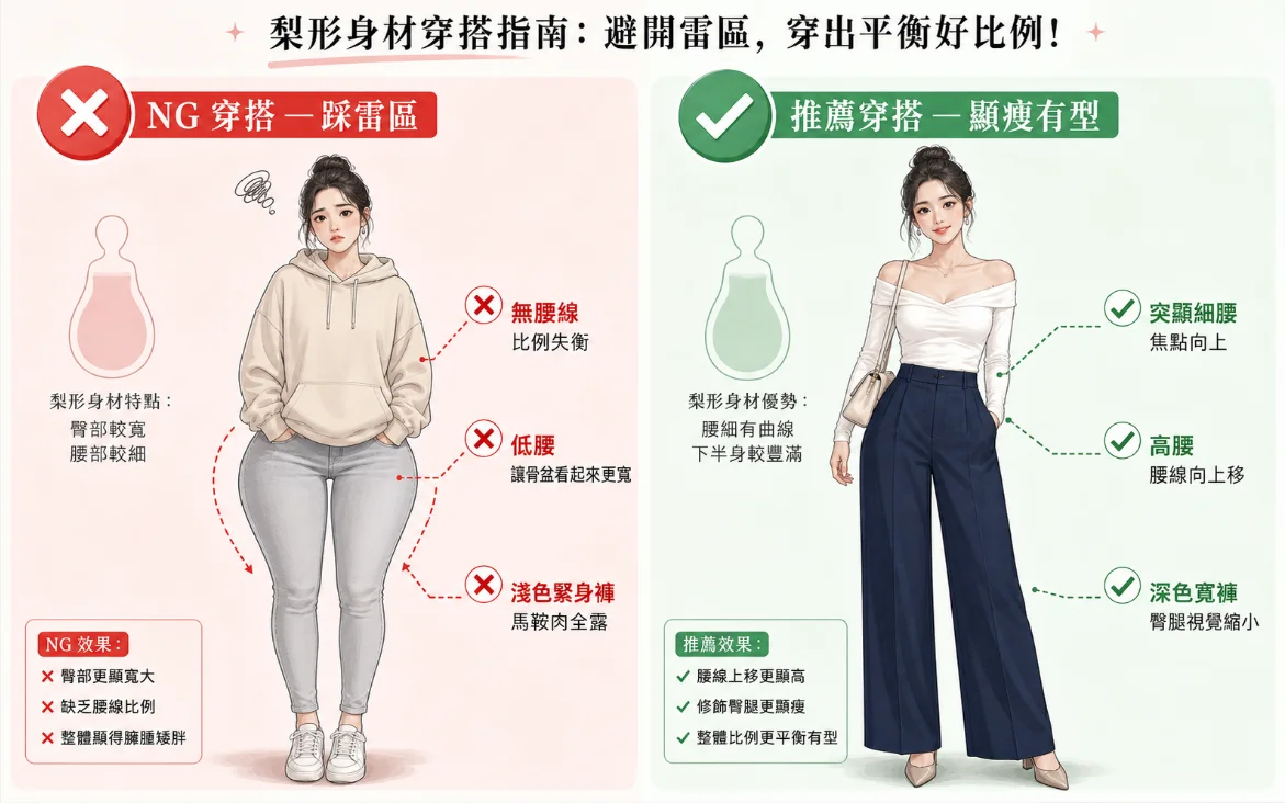 梨形身材穿搭NG清單示意圖