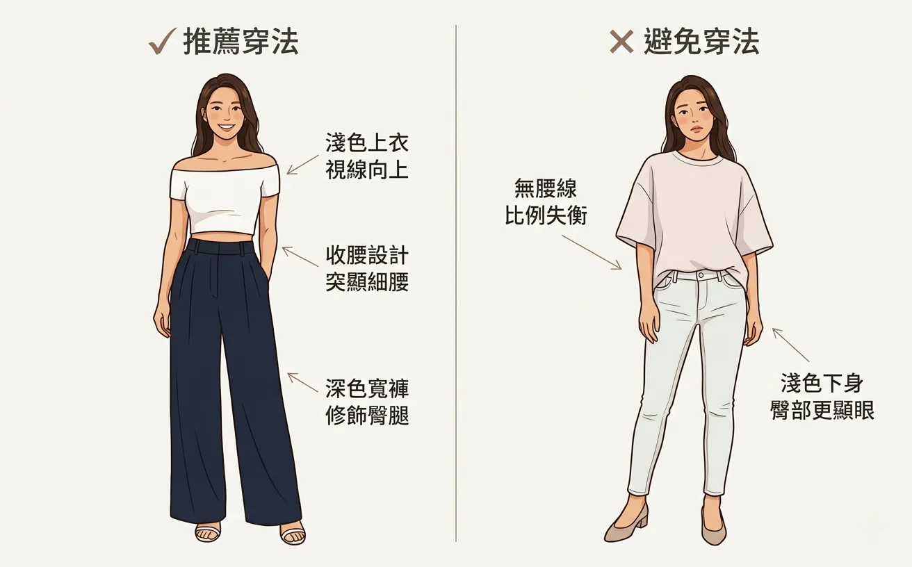 梨形身材穿搭核心原則示意圖