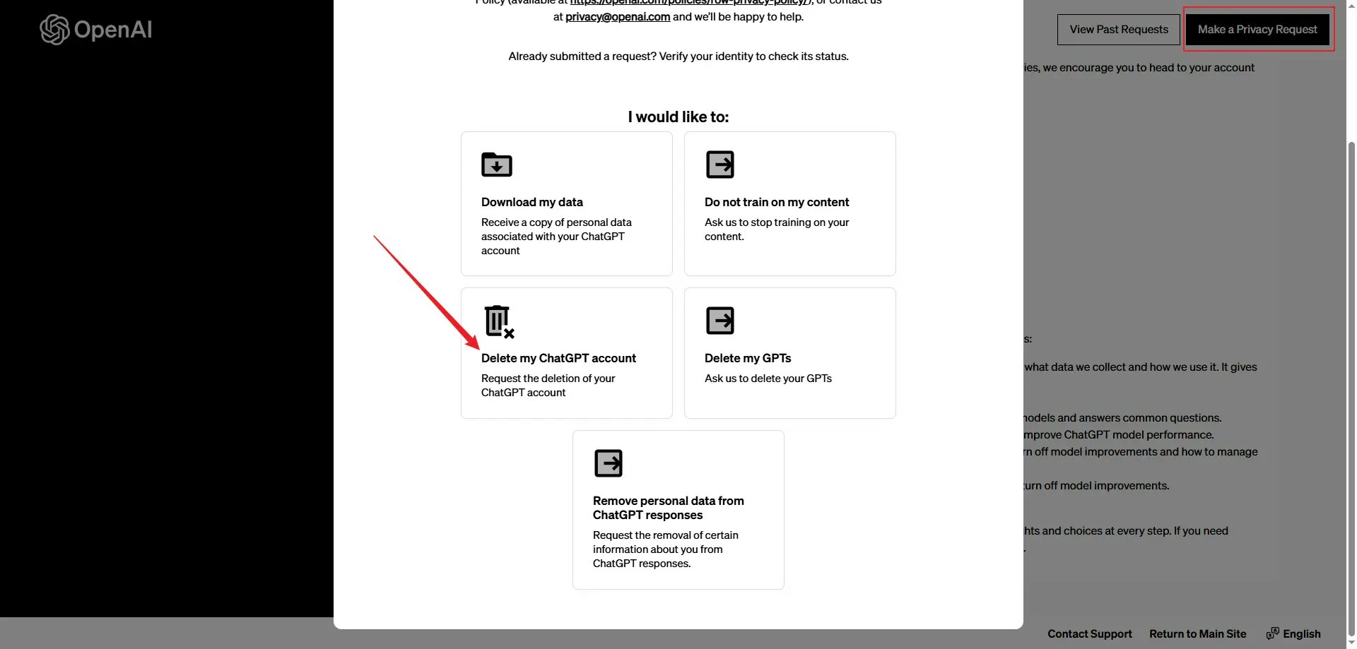 透過OpenAI隱私權入口申請刪除ChatGPT帳號