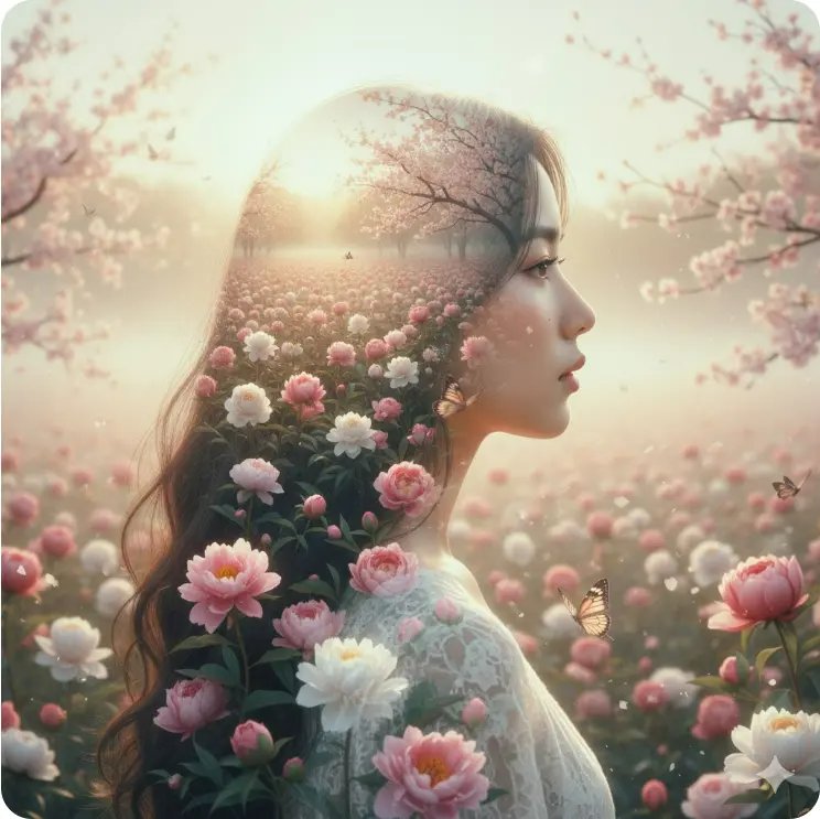 女性側臉融入花田