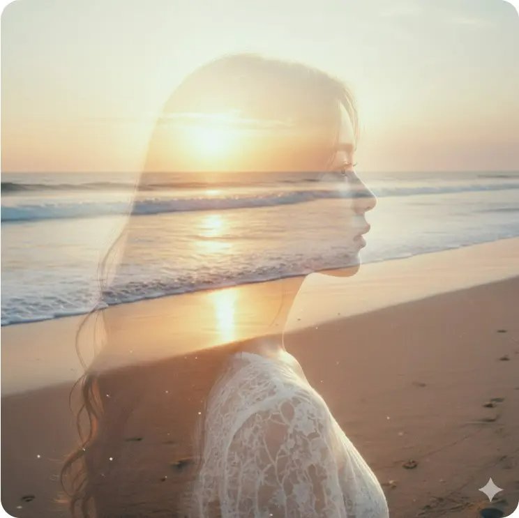 女性凝視夕陽海浪