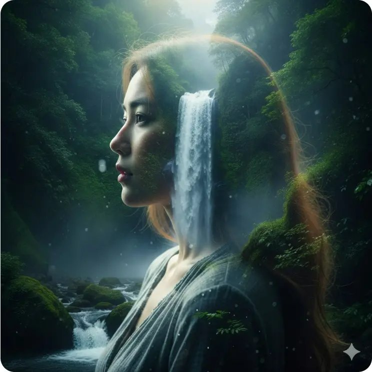 迷霧瀑布融入寧靜女性剪影