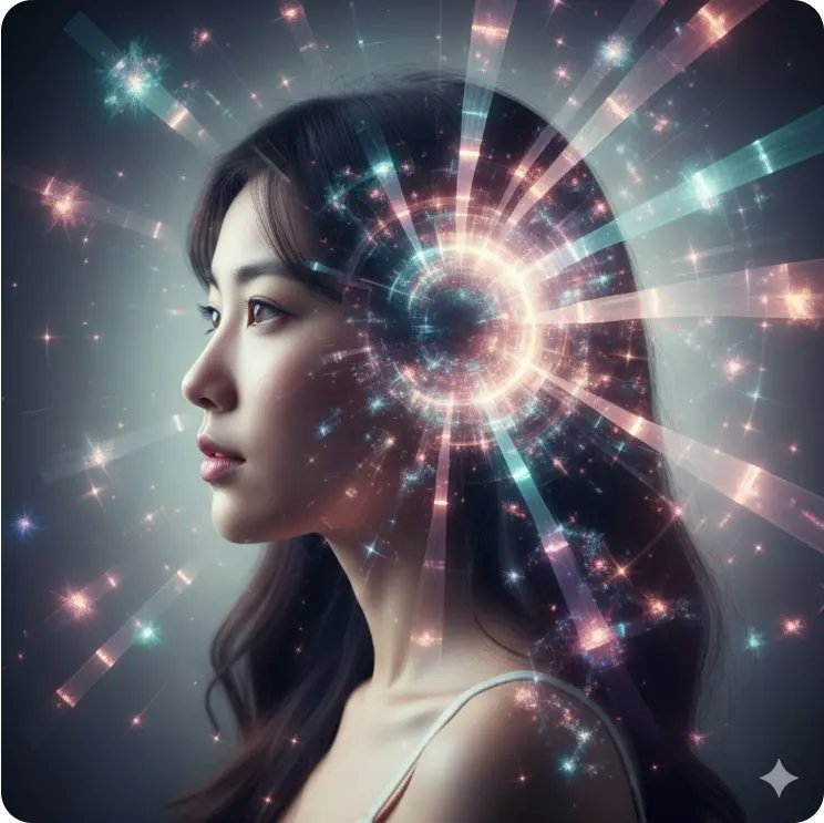 年輕女性融入發光碎形圖案