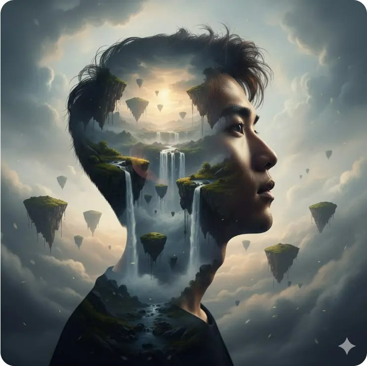 年輕男性融入漂浮島嶼