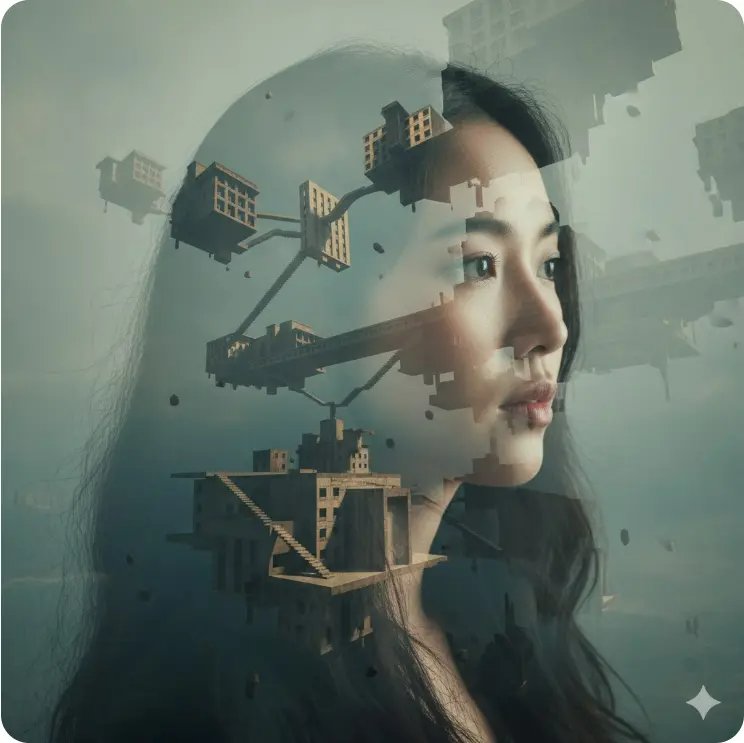 剪影女性與漂浮超現實建築