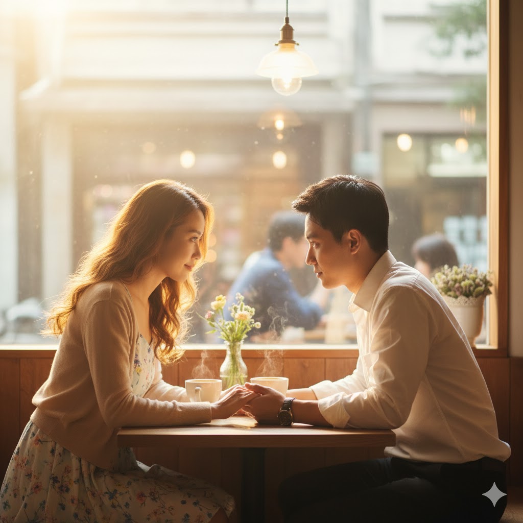 陽光下共享咖啡的 AI 情侶圖畫