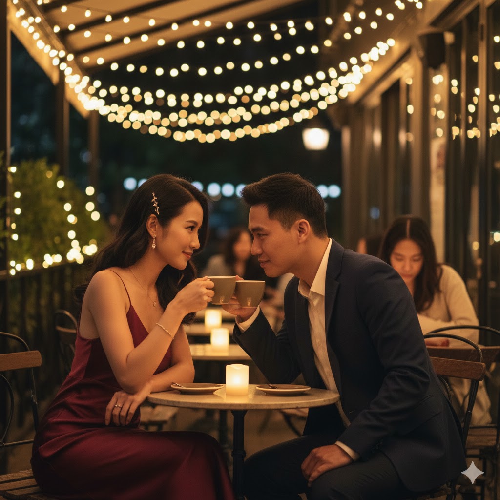 燭光咖啡廳碰杯的 AI 情侶照片