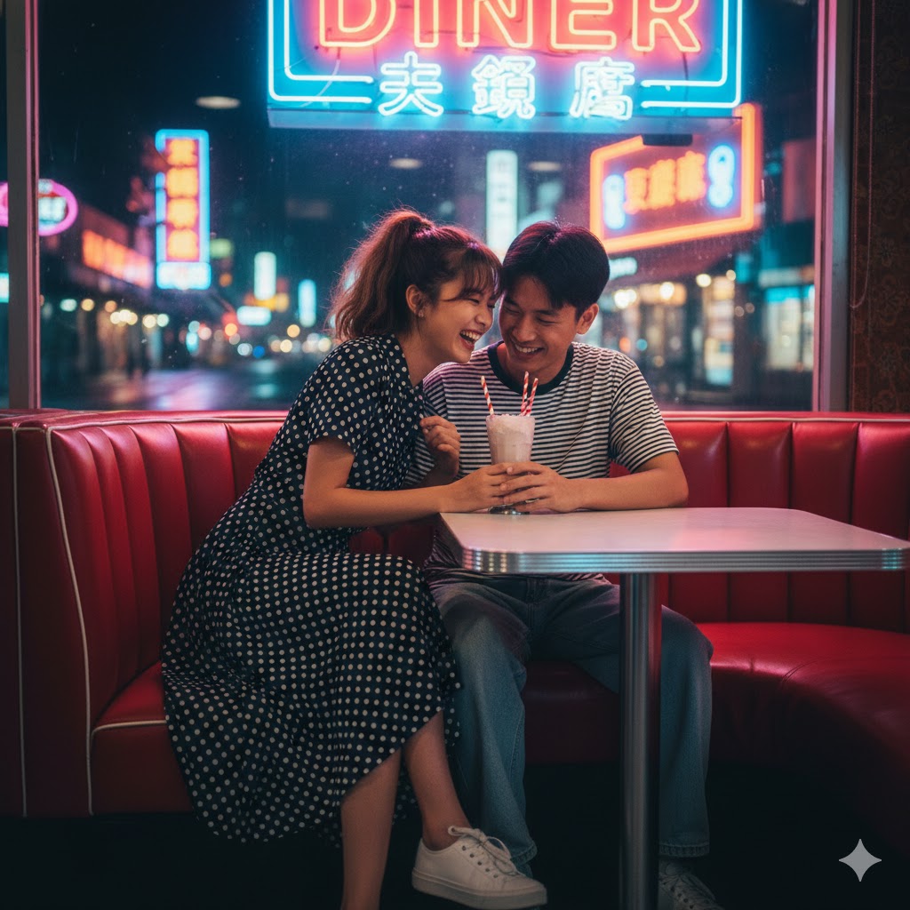 復古餐廳共享奶昔的 Gemini AI 情侶照提示詞