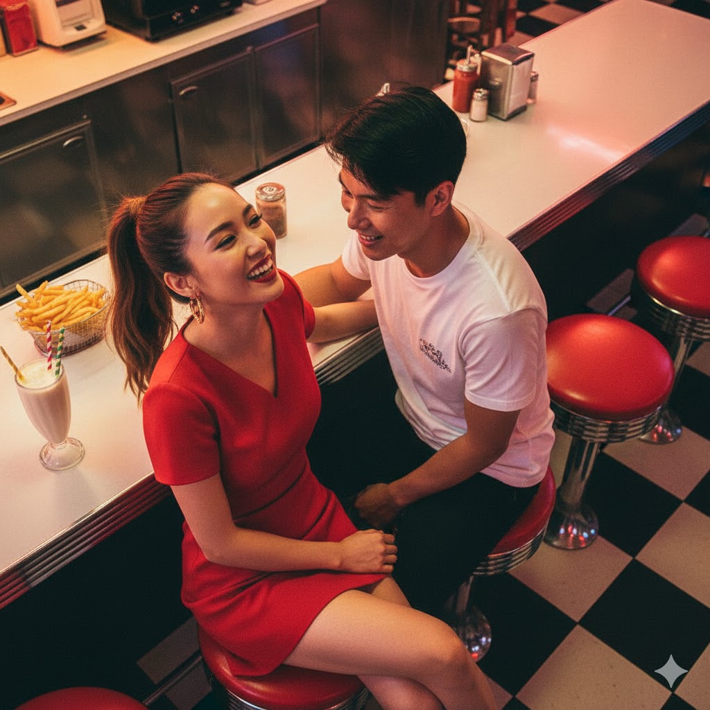 復古餐廳共享美食的 AI 情侶圖畫