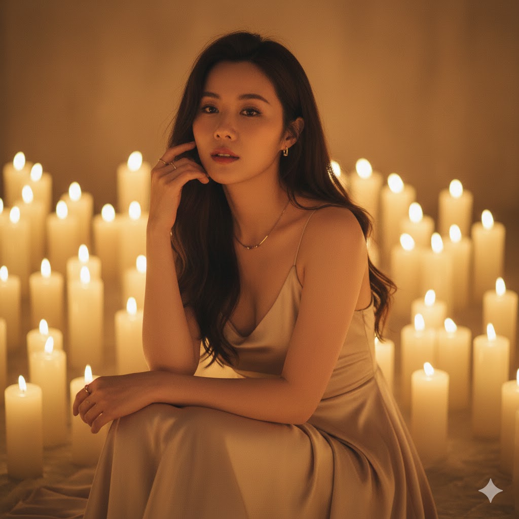 燭光下穿米色禮服的 AI 情侶圖畫女性