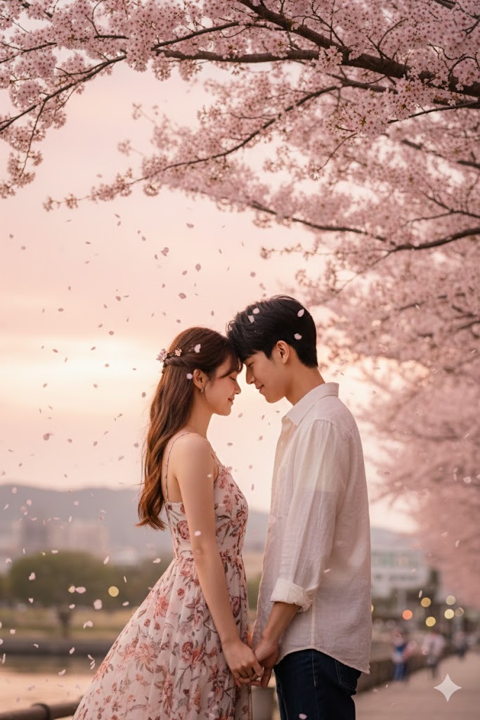 黃昏櫻花下擁抱的 AI 情侶照片