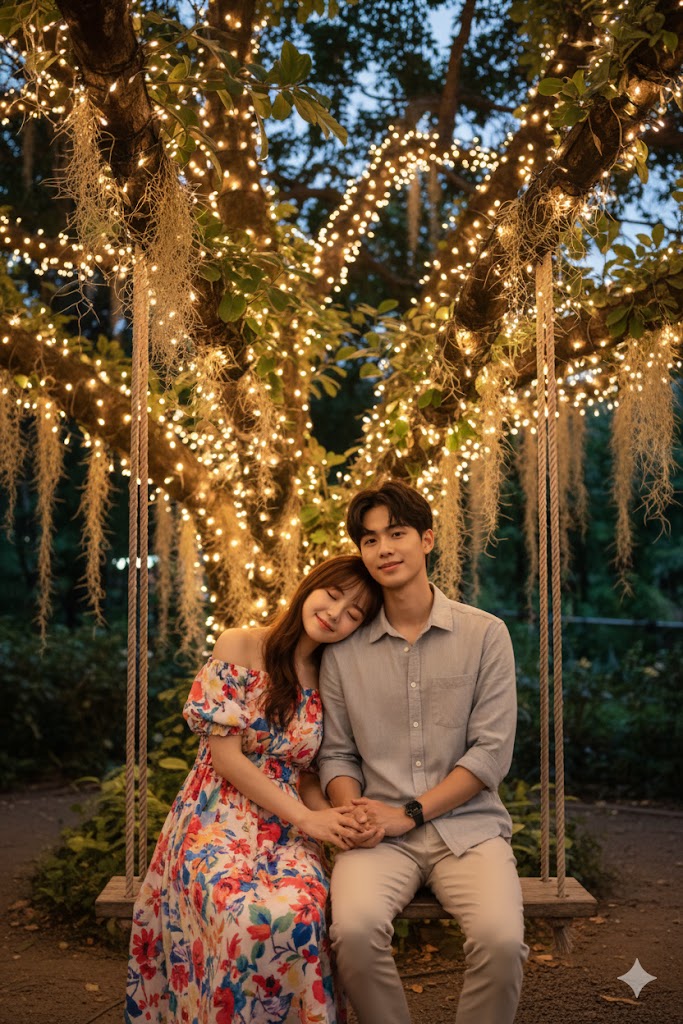 花園鞦韆上依偎的 AI 情侶圖畫