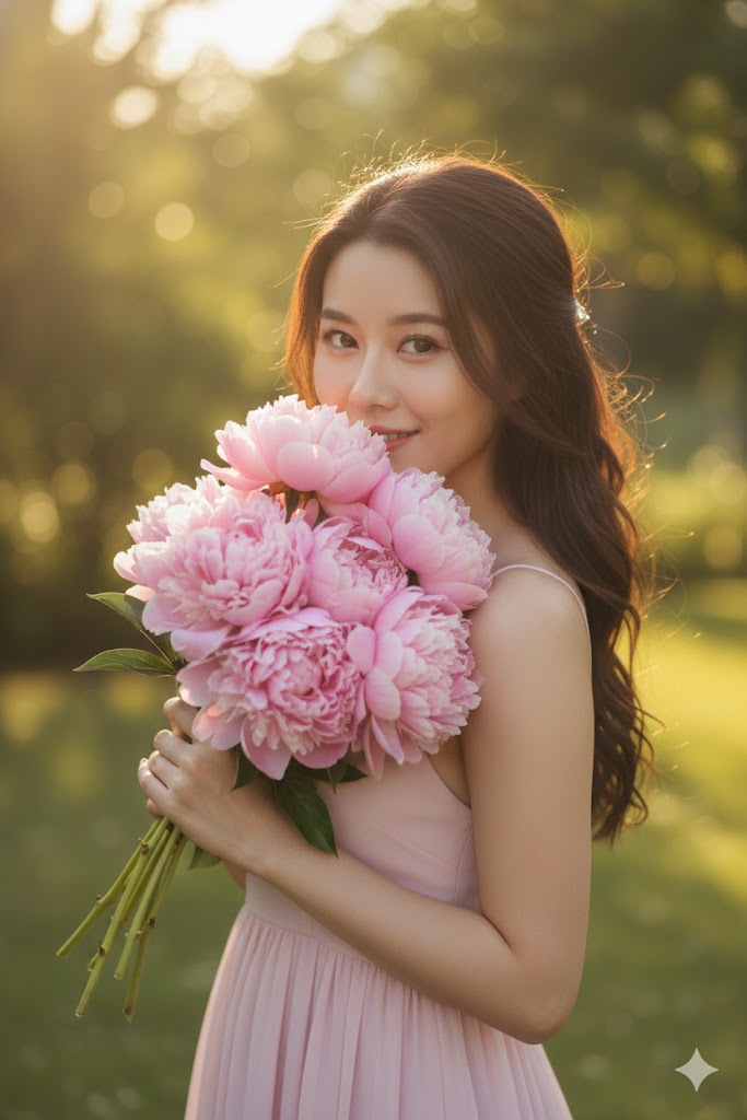 穿粉色洋裝觸碰牡丹的 AI 情侶照片女性