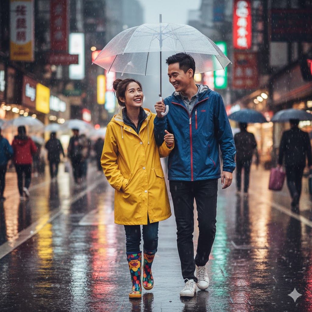 雨中共撐雨傘的 Gemini AI 情侶照提示詞範例
