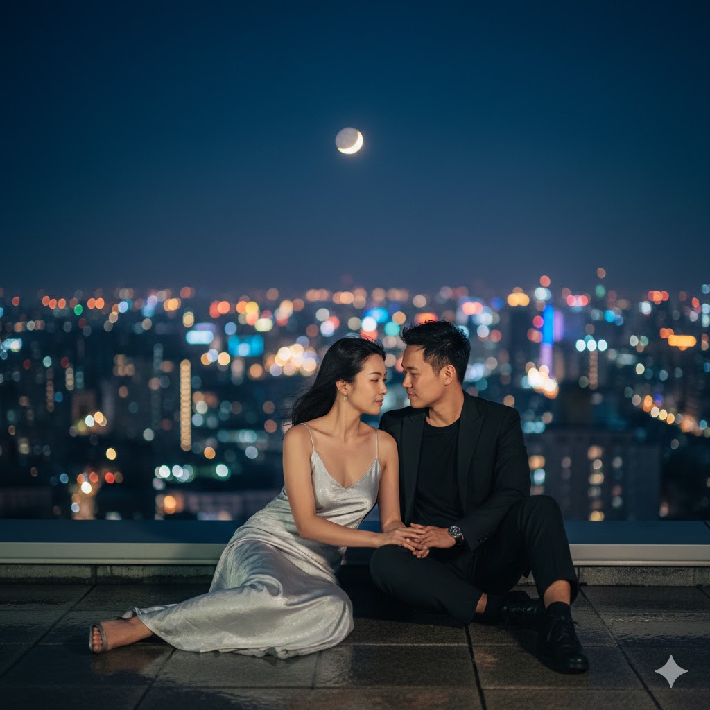月光屋頂牽手的 Gemini AI 合成情侶照片