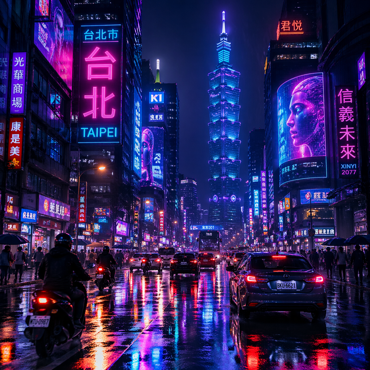 GPT Image 2 生成的賽博龐克台北夜景插畫