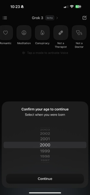 Grok 18+ mode 年齡確認畫面