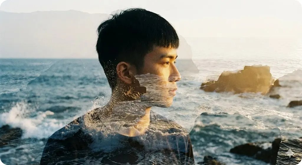 捲髮男性與海浪剪影