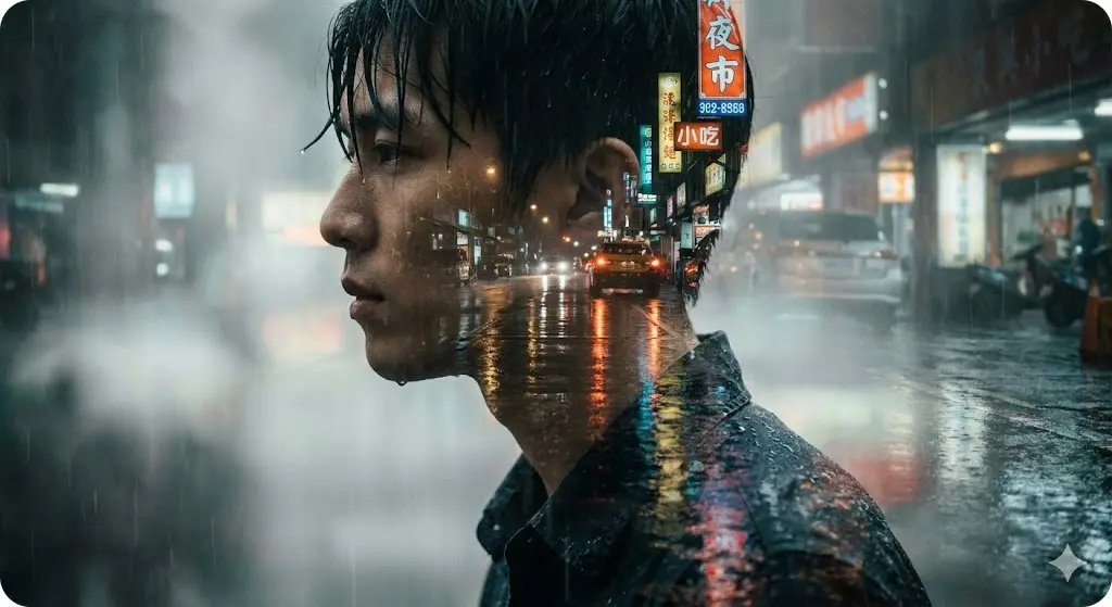 陰鬱雨夜倒影雙重曝光人像