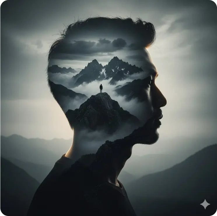 男性剪影融入山峰