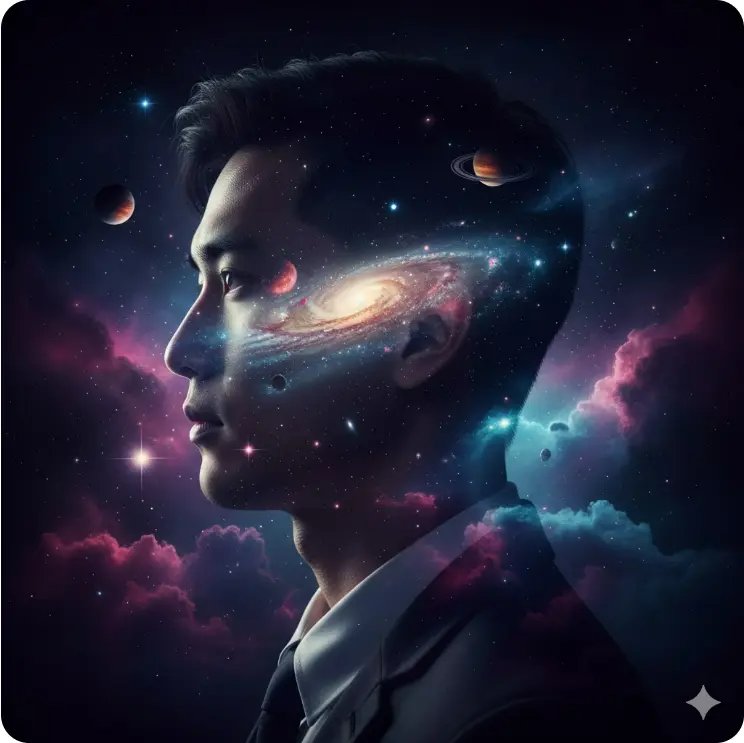 男性剪影融入宇宙星系