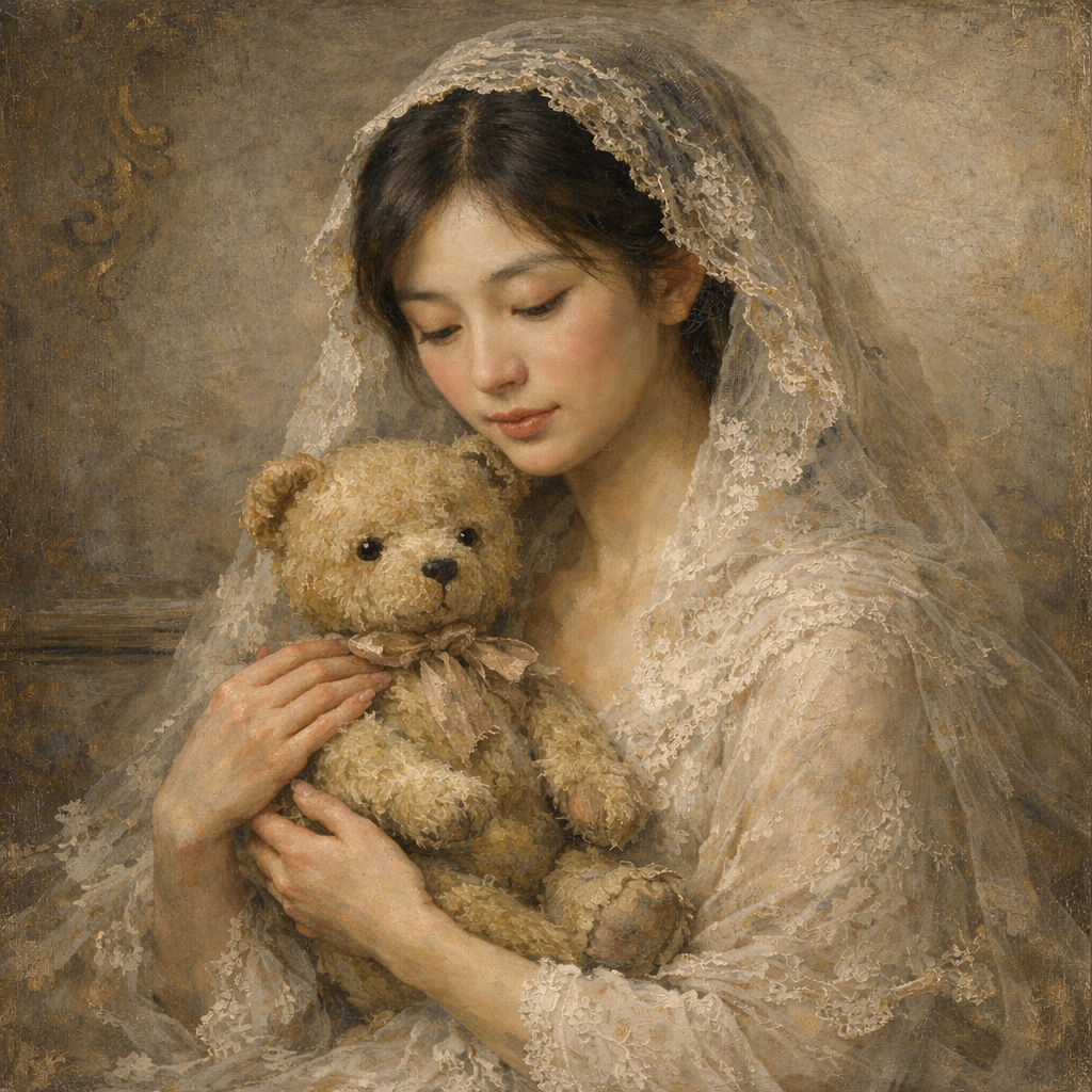 日系風格女性與大型泰迪熊 ai 娃娃