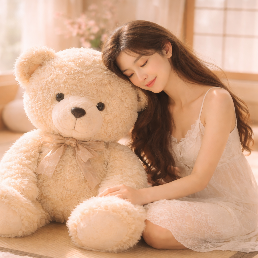 優雅女性與復古泰迪熊 AI 娃娃