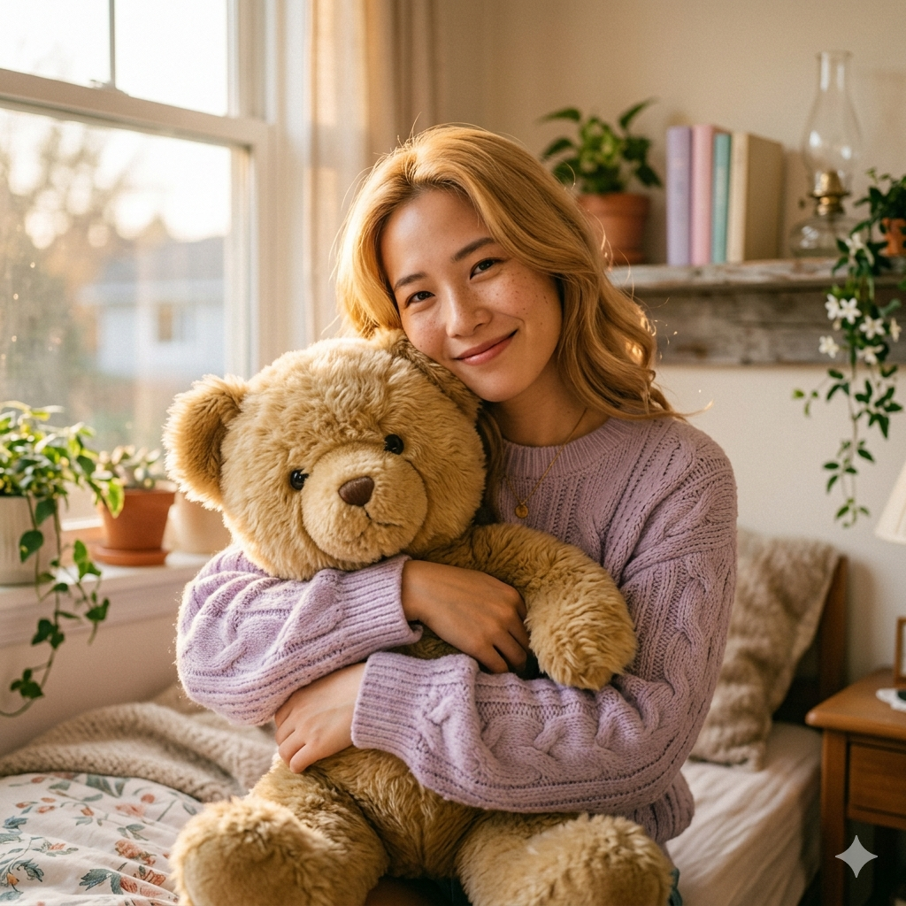 可愛女孩擁抱泰迪熊的 ai 娃娃風格圖片