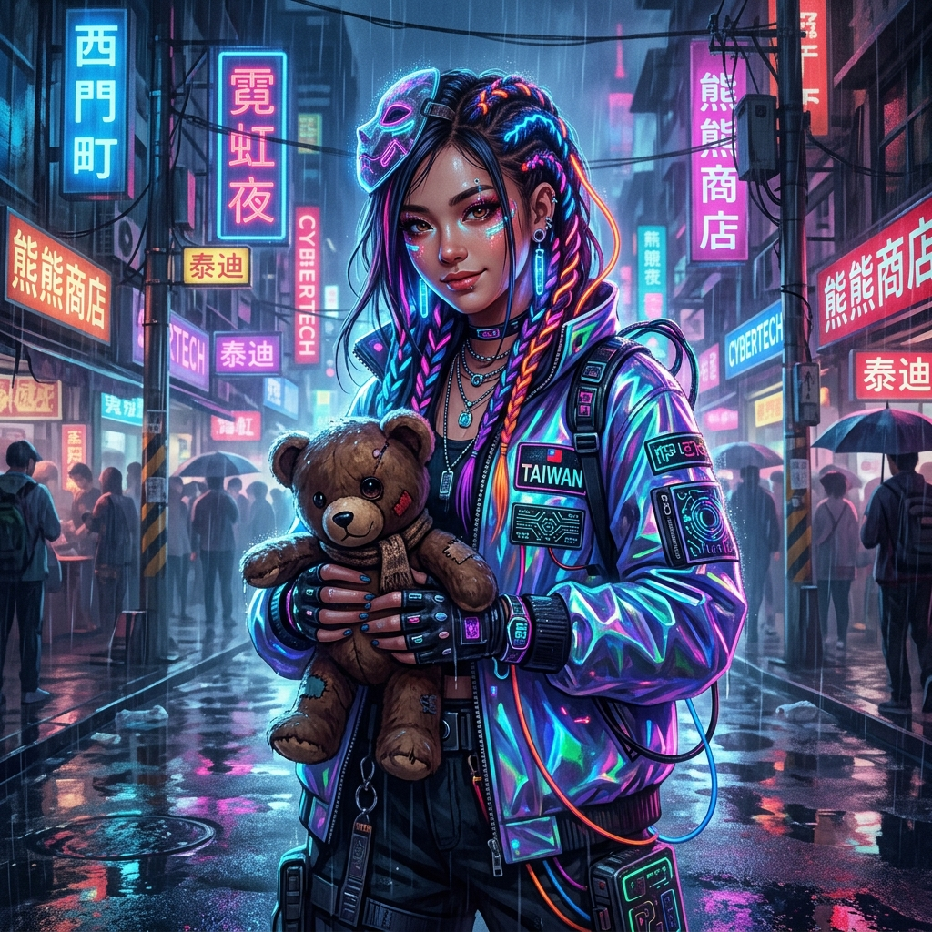 賽博朋克風格女孩與泰迪熊公仔圖