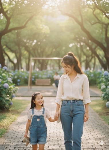溫馨牽手的跟小時候的自己合照