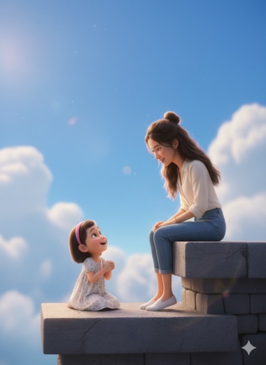 卡通風格的跟小時候的自己合照