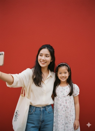 戲劇化紅幕自拍風格的跟小時候的自己合照