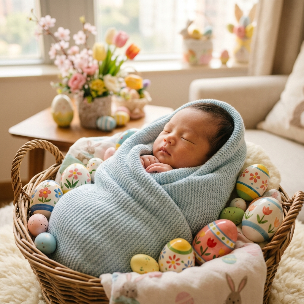 復活節圖片－嬰兒粉彩毛毯復活節彩蛋溫馨AI指令效果