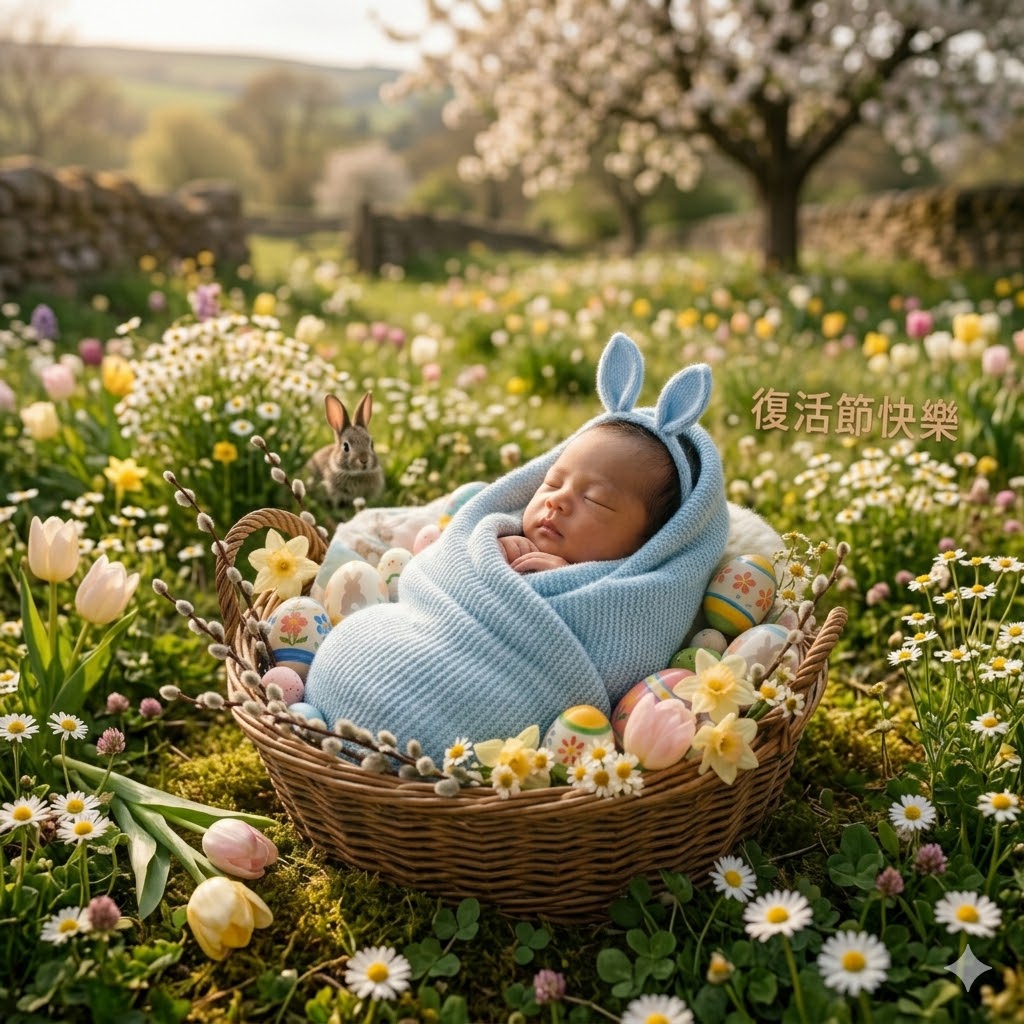 香港復活節圖片－初生嬰兒花籃復活節道具AI指令創作效果